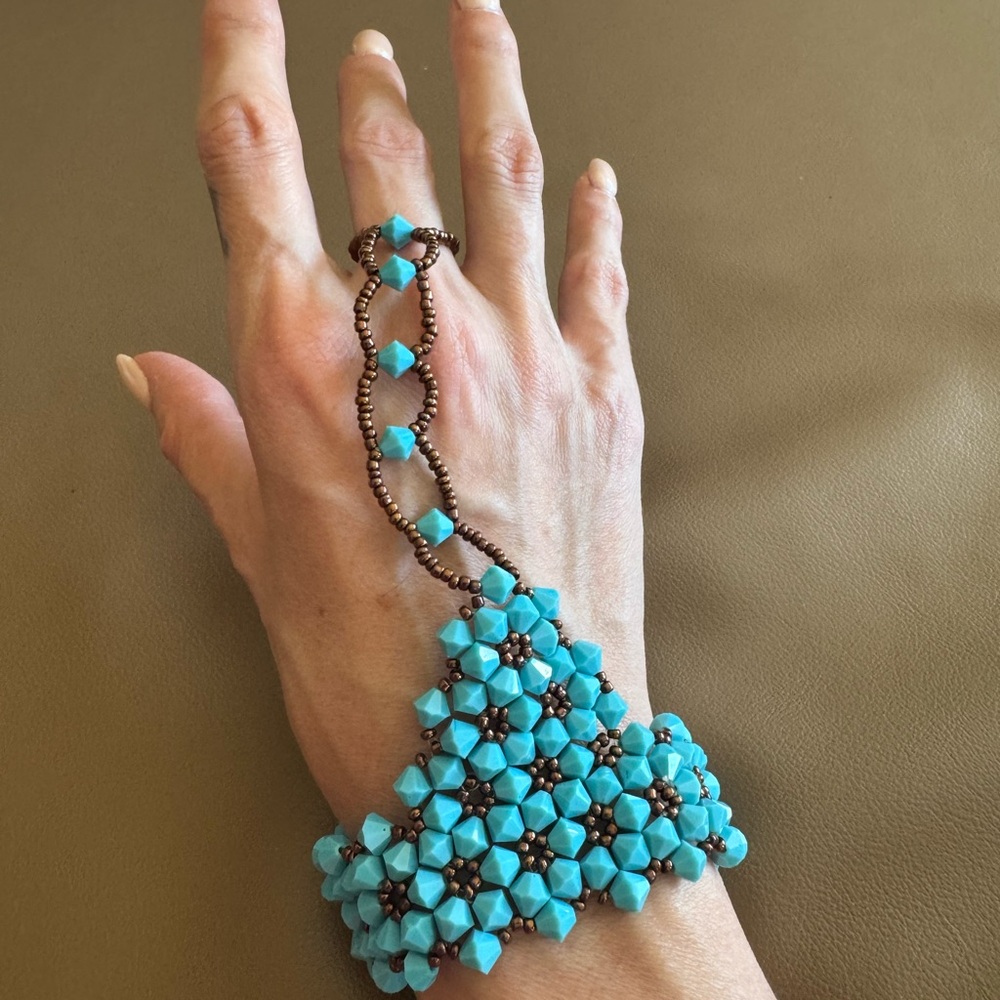 Handmade Turquoise and Brown Beaded Hand Jewelry with 2 matching rings for Free!